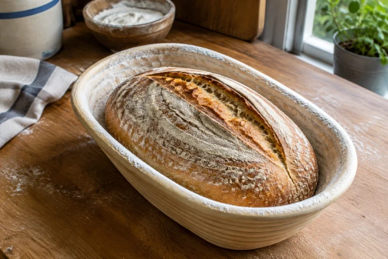 Oval batard loaf resting in a banneton