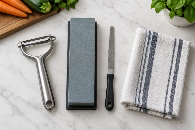 Fine sharpening stone, small file, and vegetable peeler on a towel