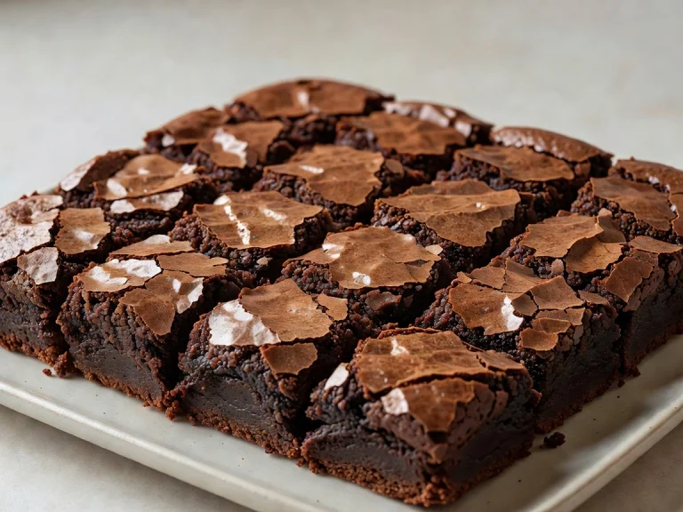 Close-up of brownies with a glossy crackly top crust