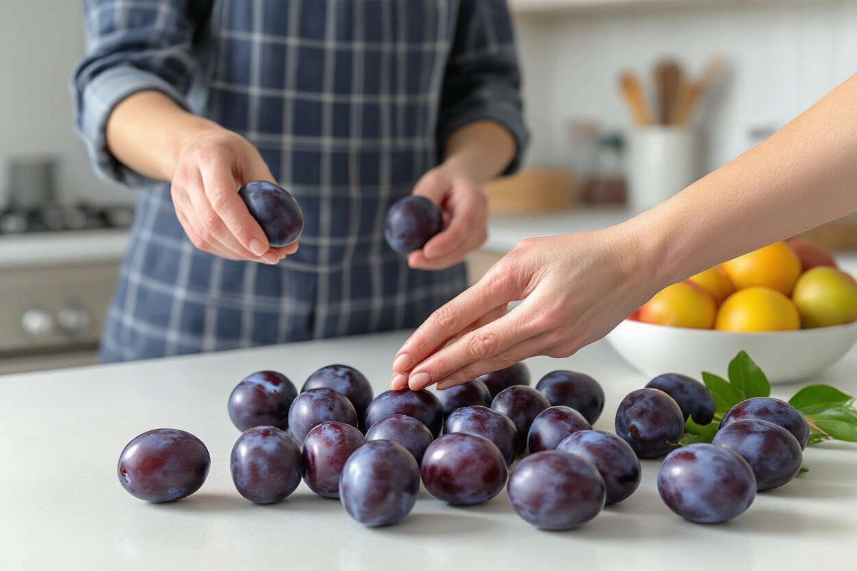 Whole plums arranged on a kitchen counter for ripeness checking