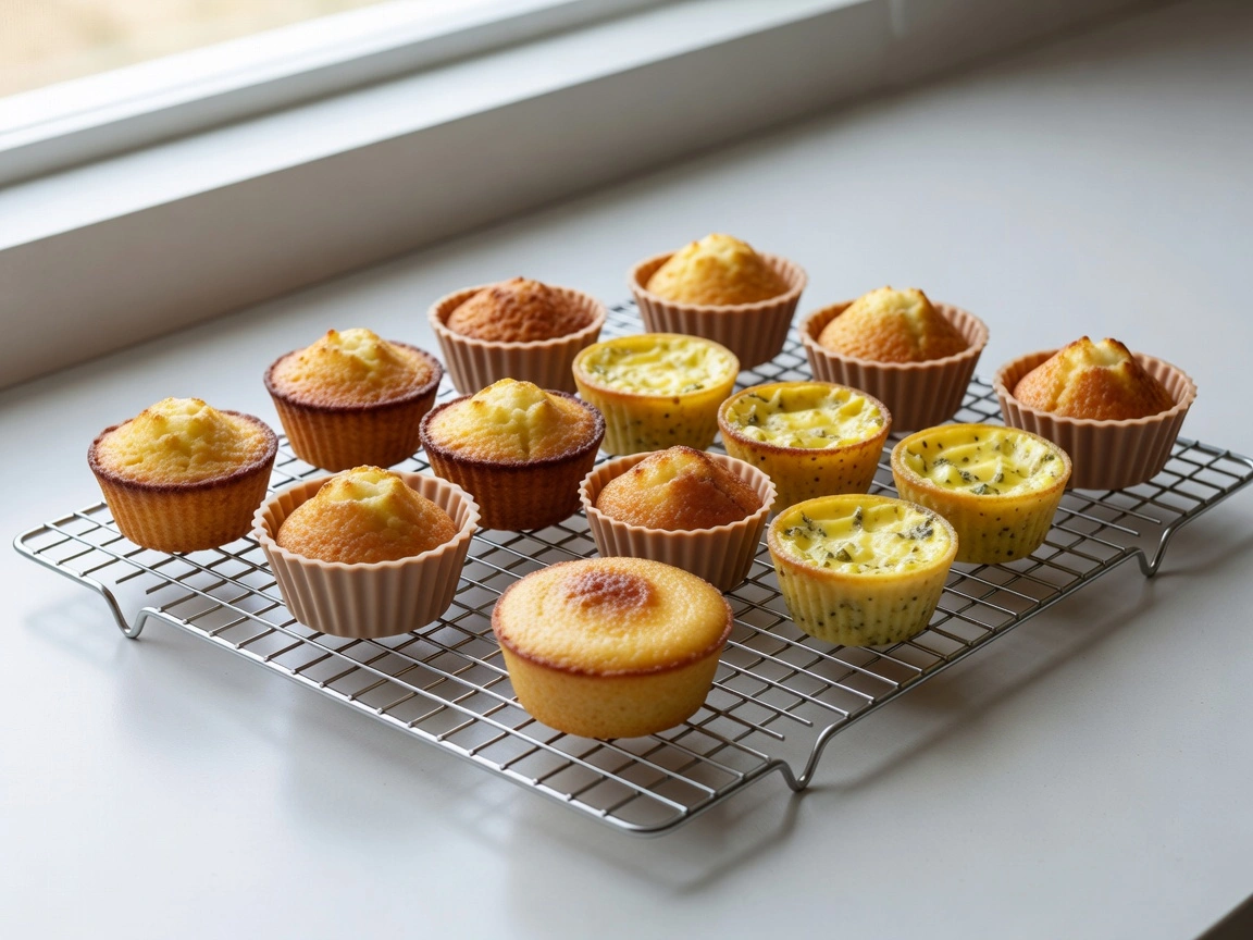 Assorted baked foods made in silicone molds for an air fryer including muffins and egg bites