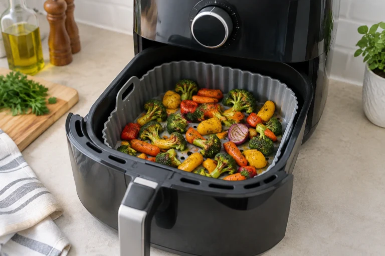 Silicone air fryer basket in an air fryer with food inside
