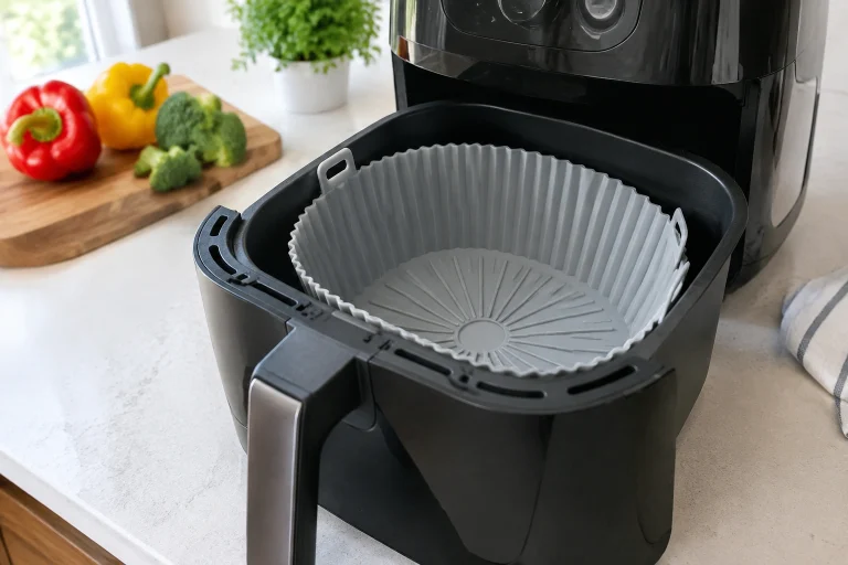Silicone liner sitting inside an air fryer basket