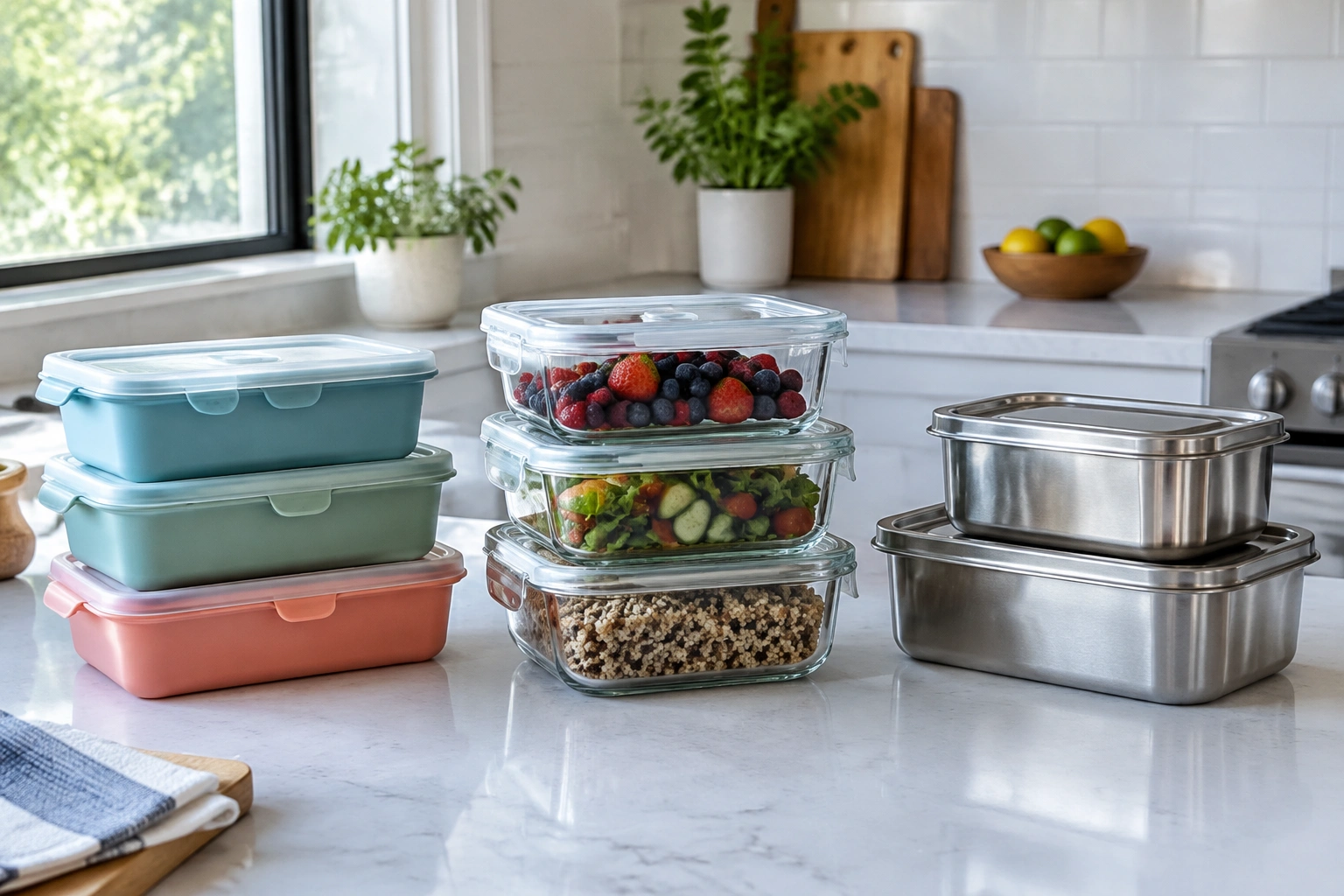 Kitchen countertop with silicone, glass, and stainless steel food storage containers arranged for comparison