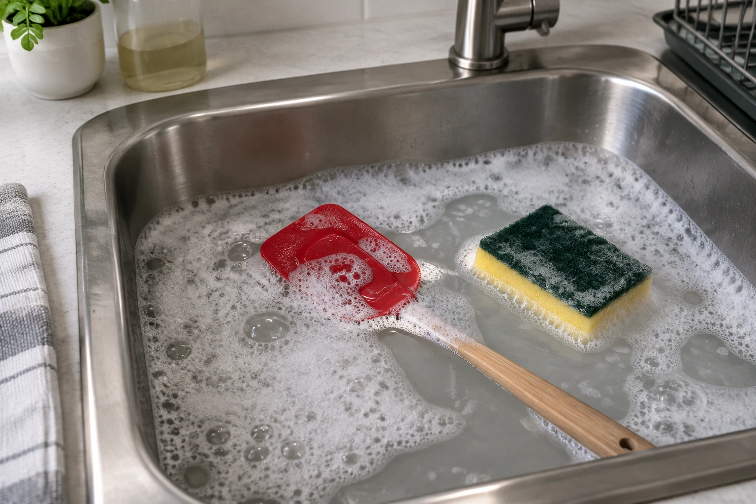 A silicone spatula being washed in warm soapy water with a soft sponge