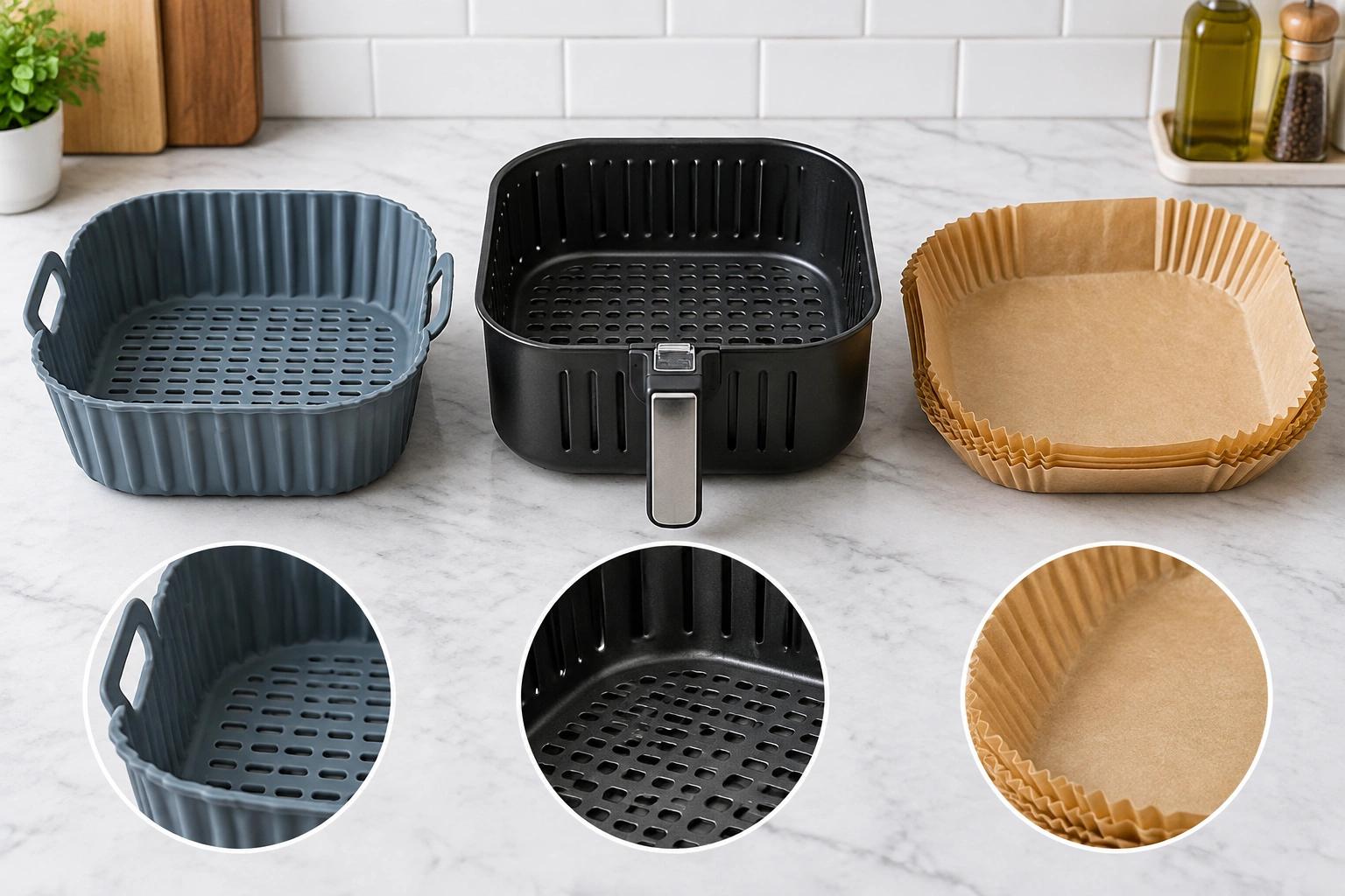 Comparison of silicone basket, metal basket, and parchment liner for air fryer use