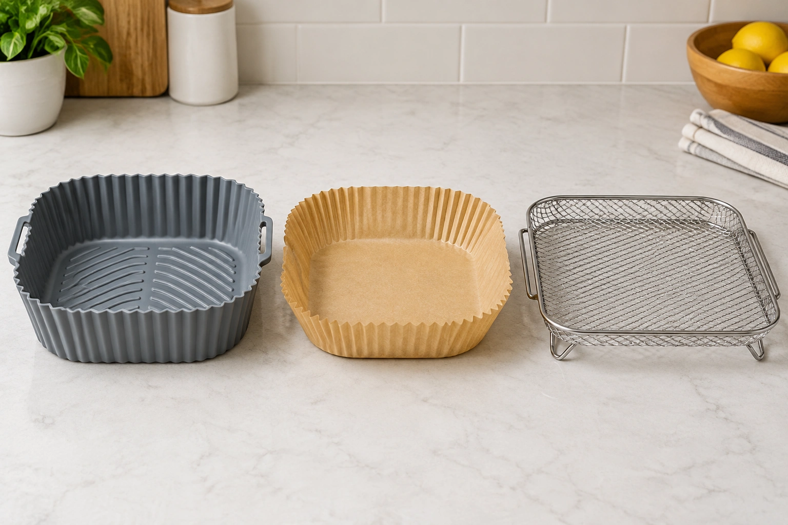 Comparison of silicone, parchment paper, and metal air fryer accessories