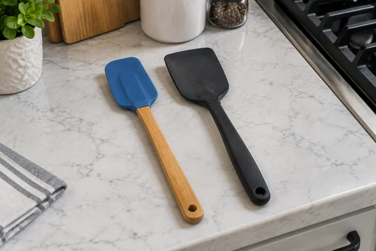 Side-by-side kitchen spatulas showing silicone and rubber-style designs on a counter