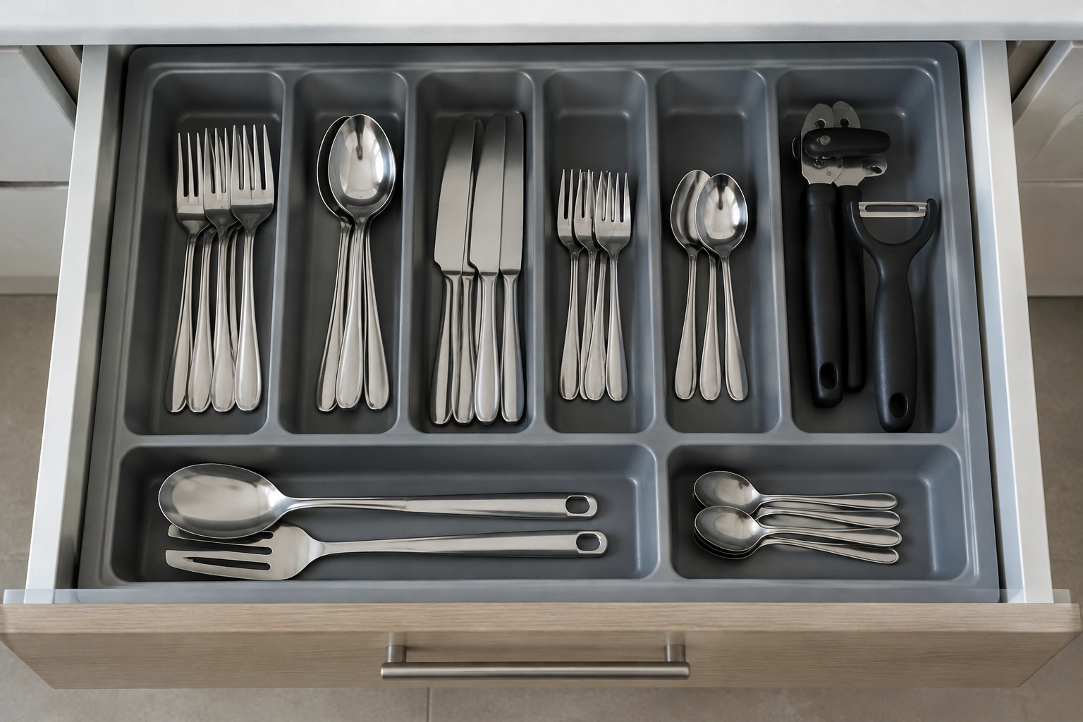 Top-down view of a neatly organized kitchen drawer with flatware separated into compartments.