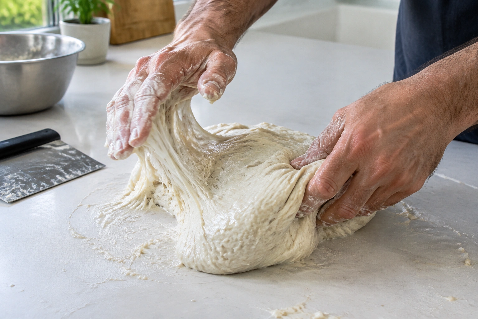 Hands handling sticky bread dough on a floured counter using a fold-and-lift motion