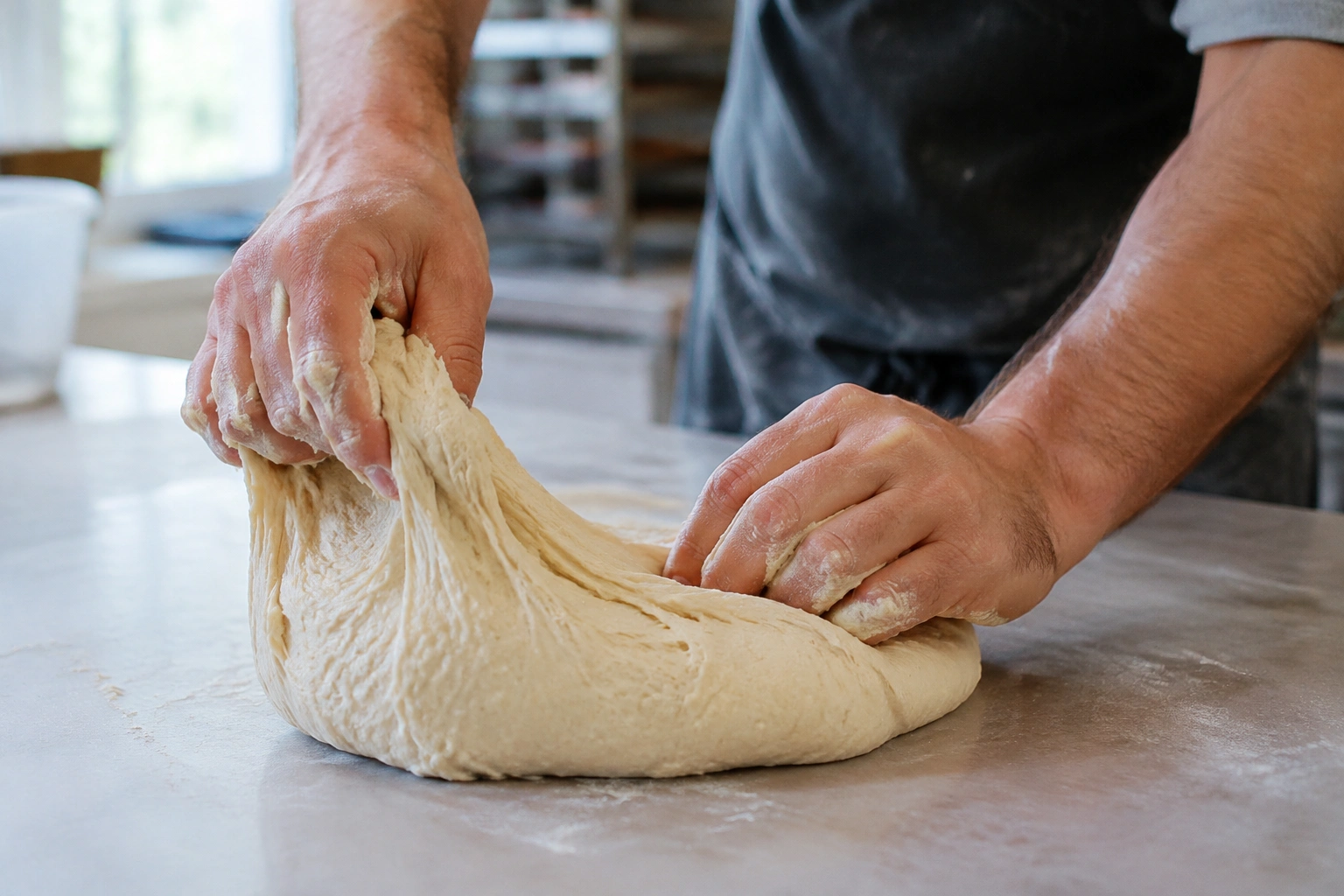Hands handling sticky bread dough on a clean bench during slap and fold
