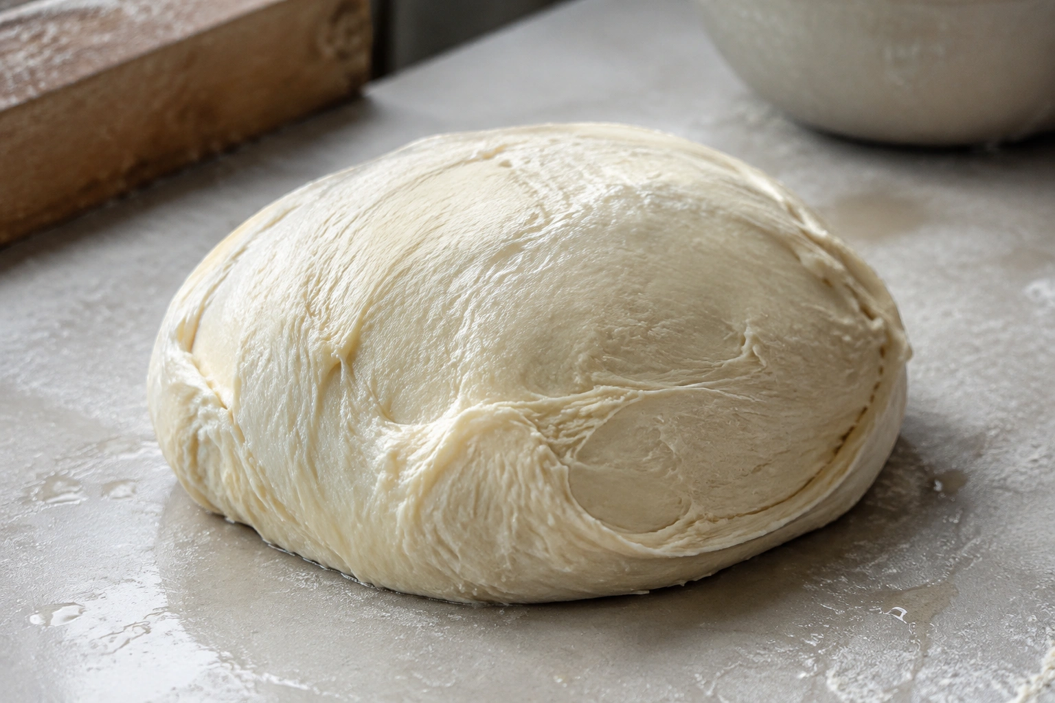 Close-up of cohesive bread dough on a bench showing smooth surface and elasticity