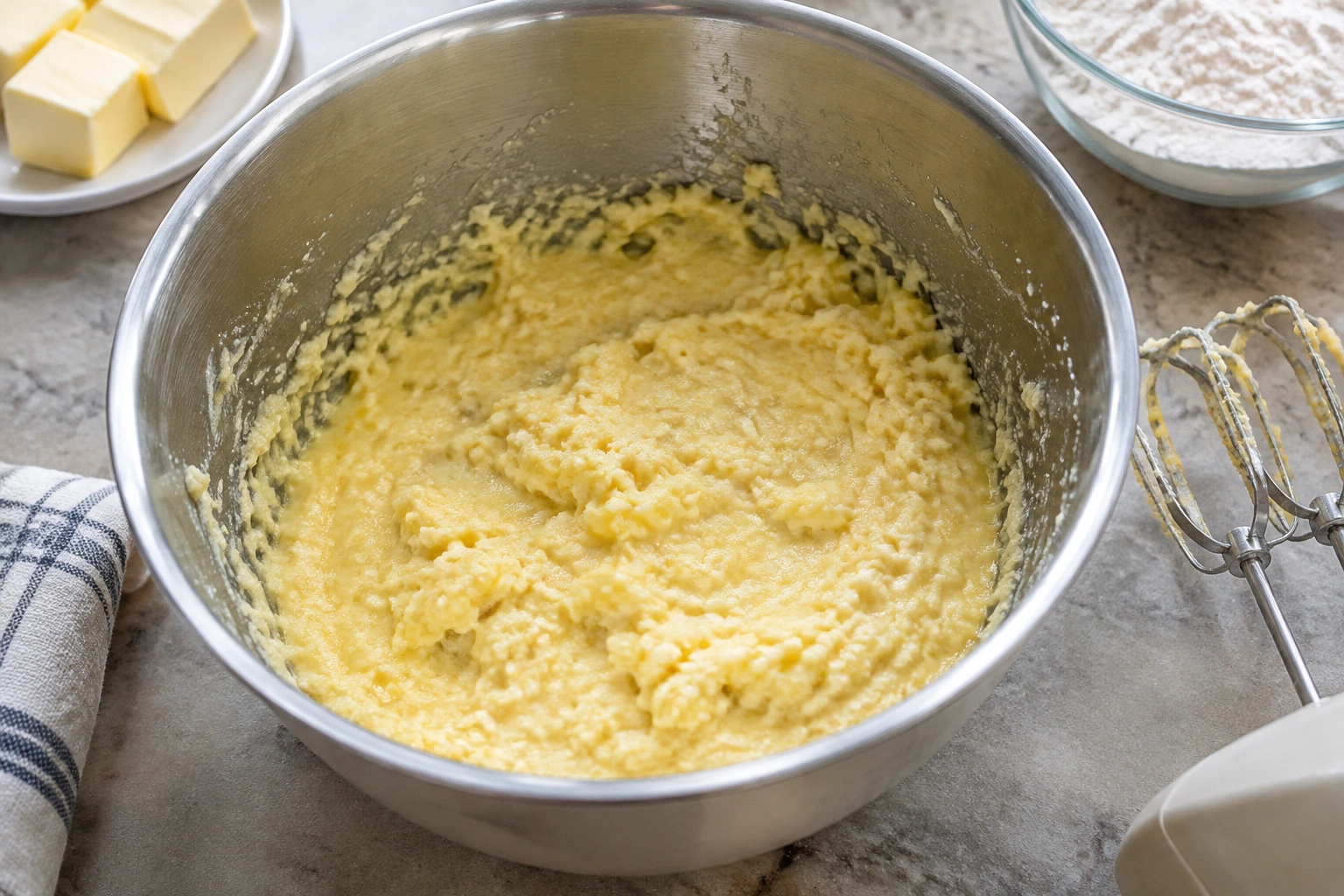 Close-up of a butter cake batter with a slightly curdled texture in a mixing bowl