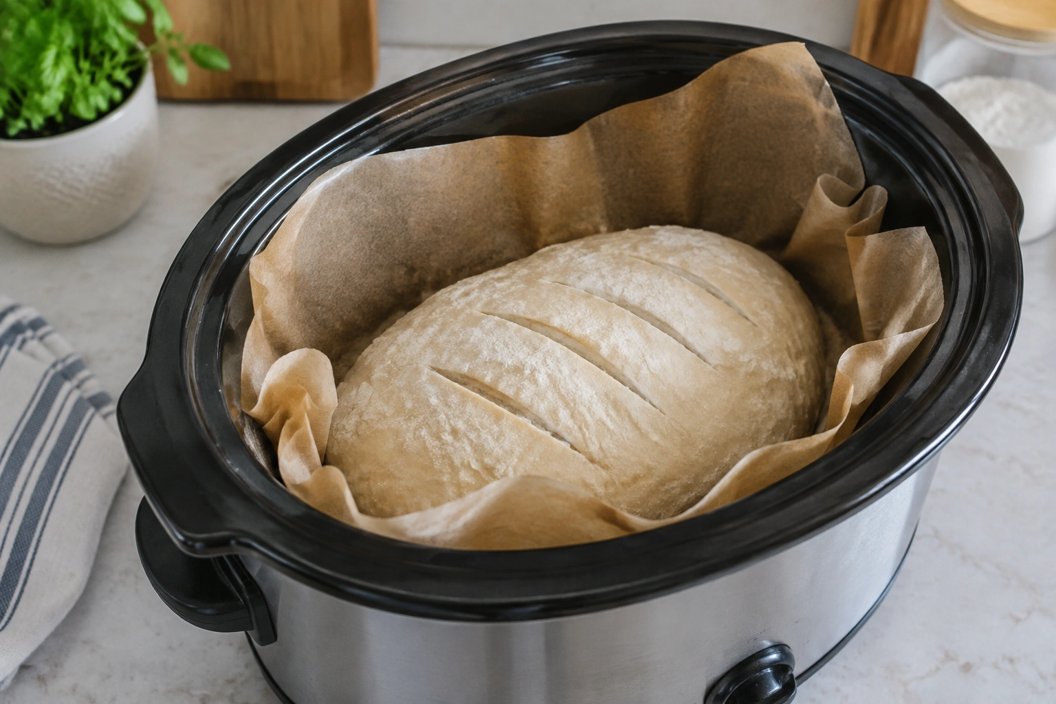 Shaped bread dough in a lined slow cooker insert