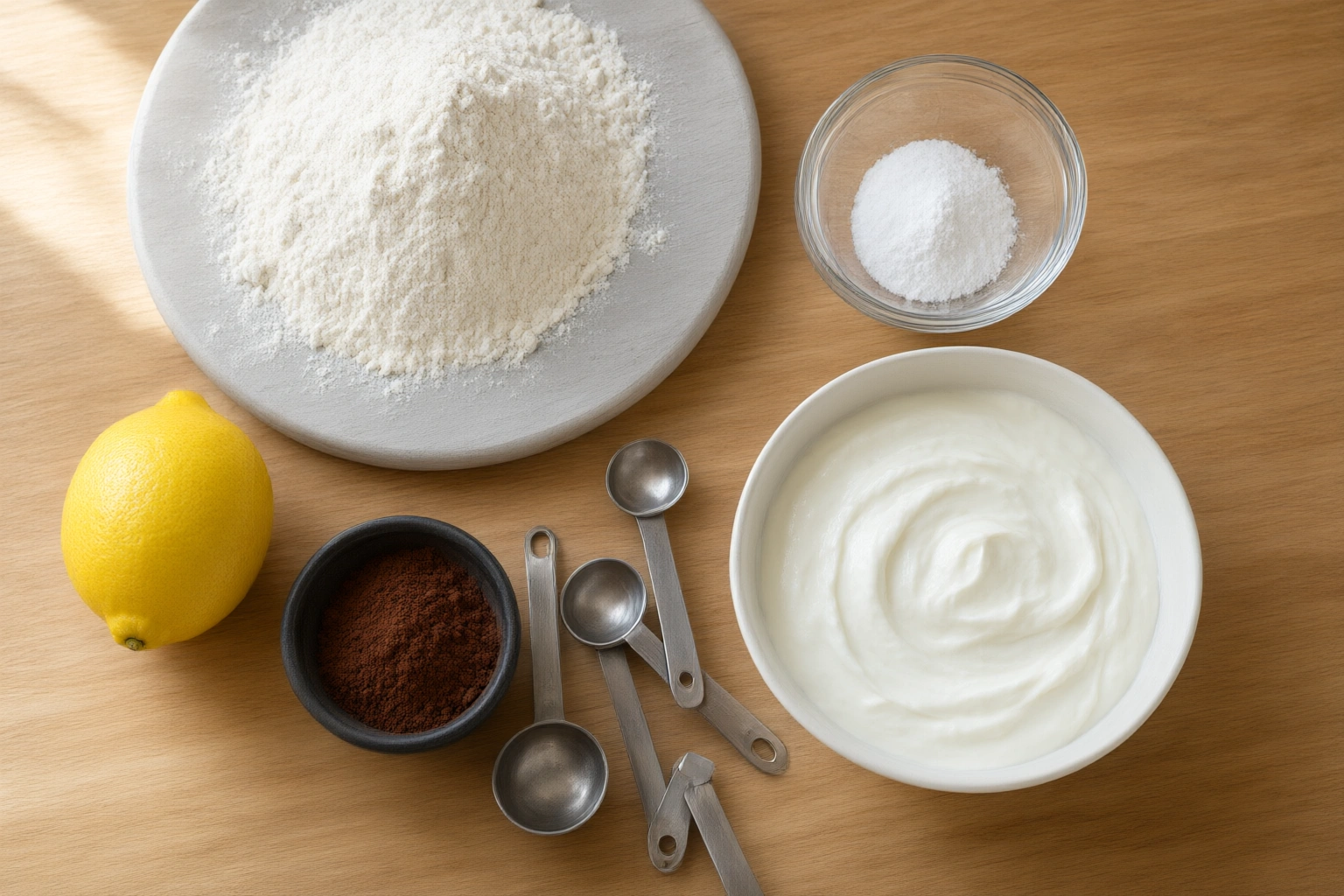 Baking ingredients on a counter for recipe balance