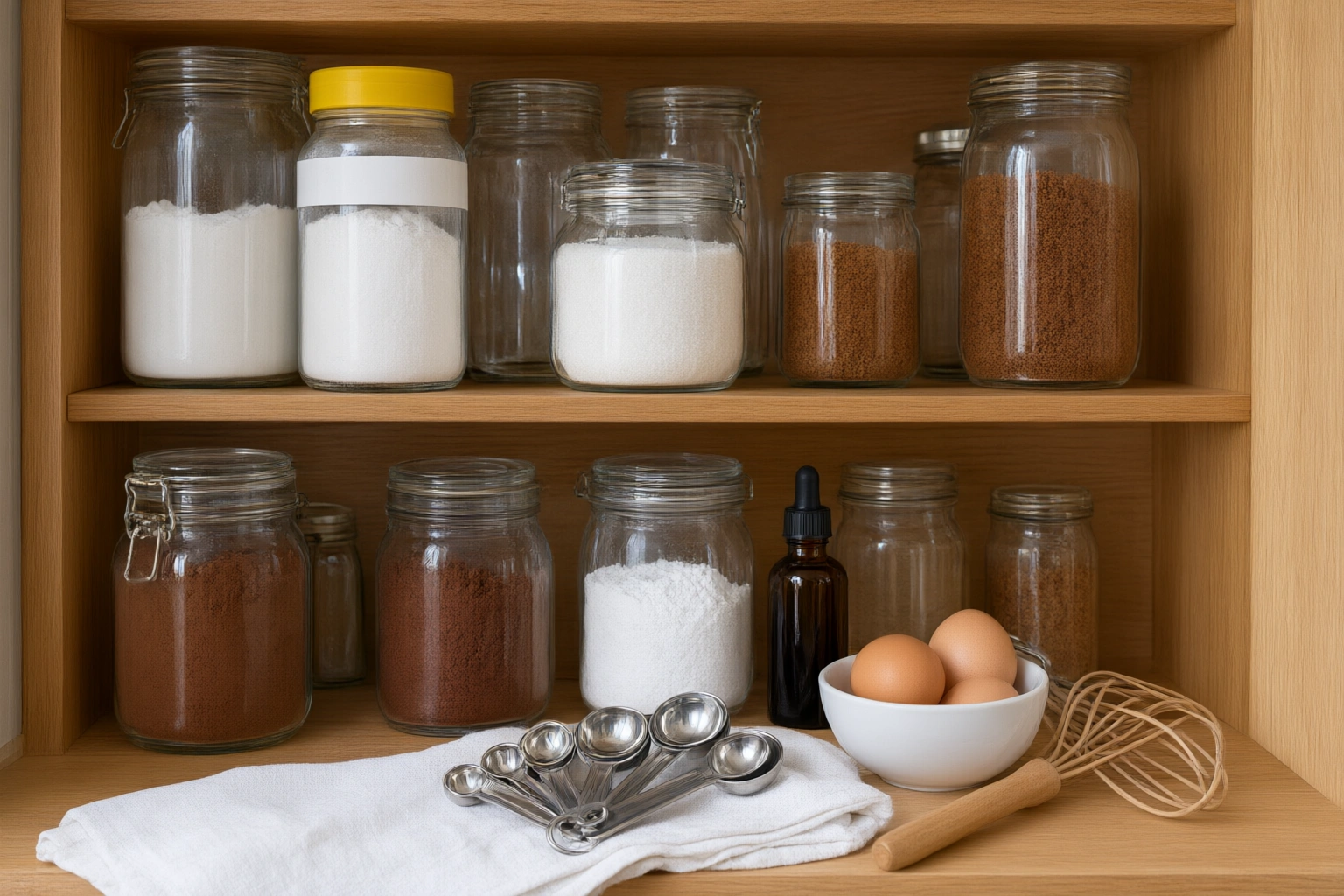Pantry baking ingredients arranged beside a labeled jar of baking soda