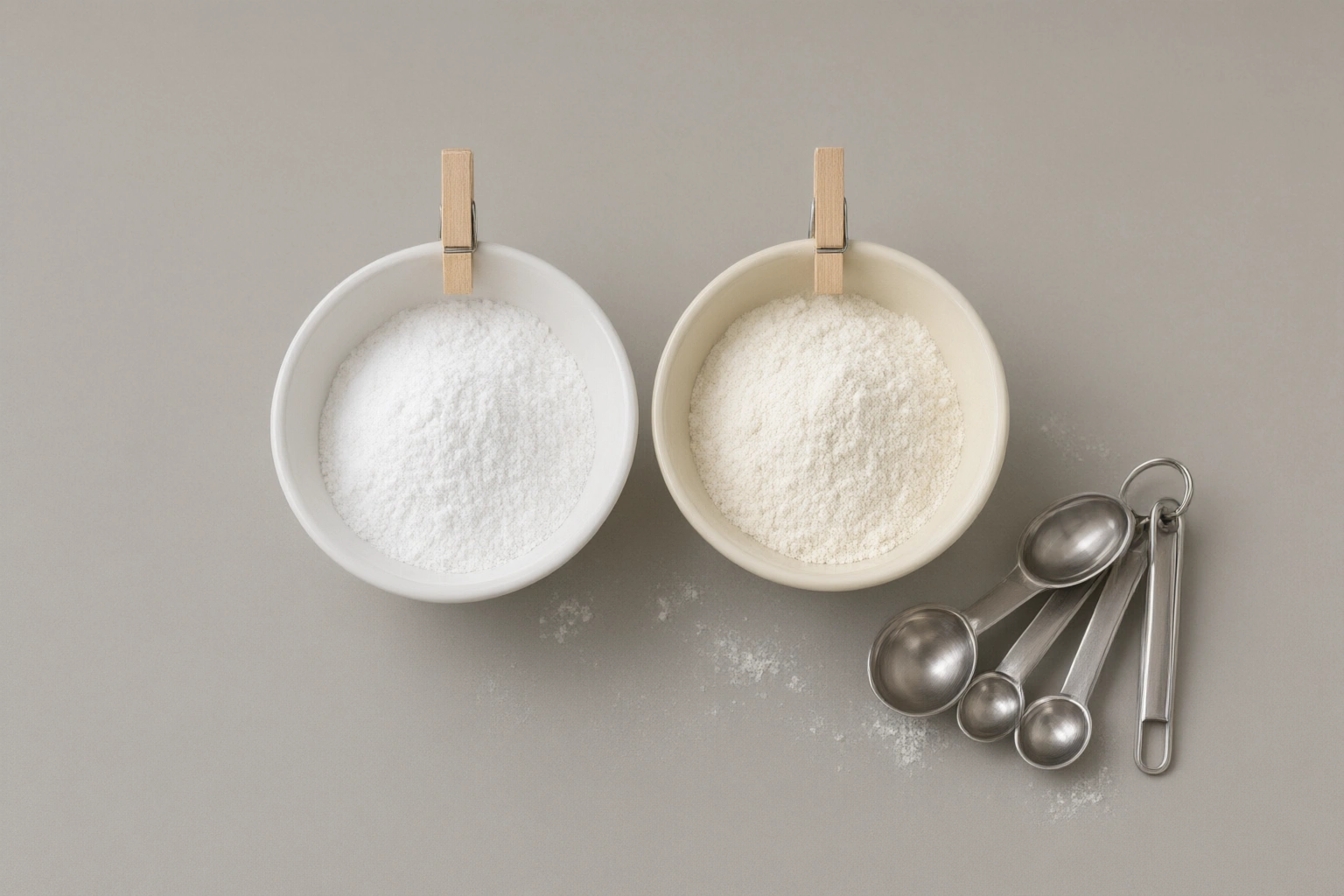 Two labeled bowls showing baking soda and baking powder on a countertop