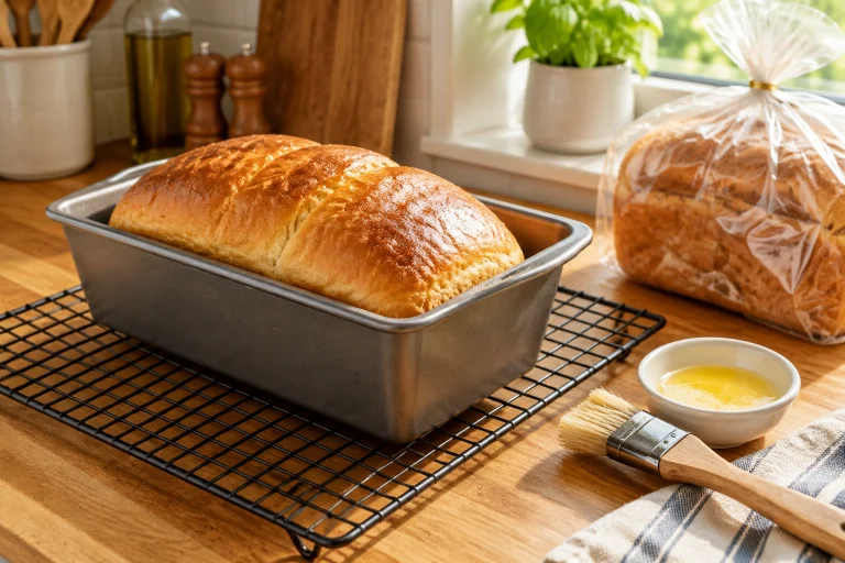 Loaf pan with baked sandwich bread and basic baking tools