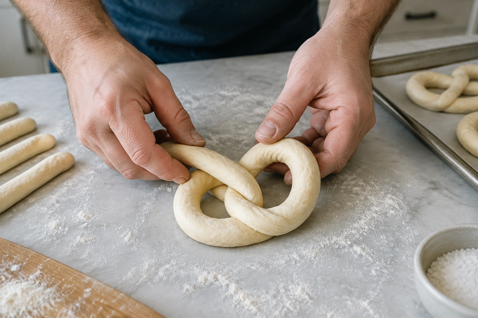 Hands shaping pretzel dough into a classic twist on a clean countertop