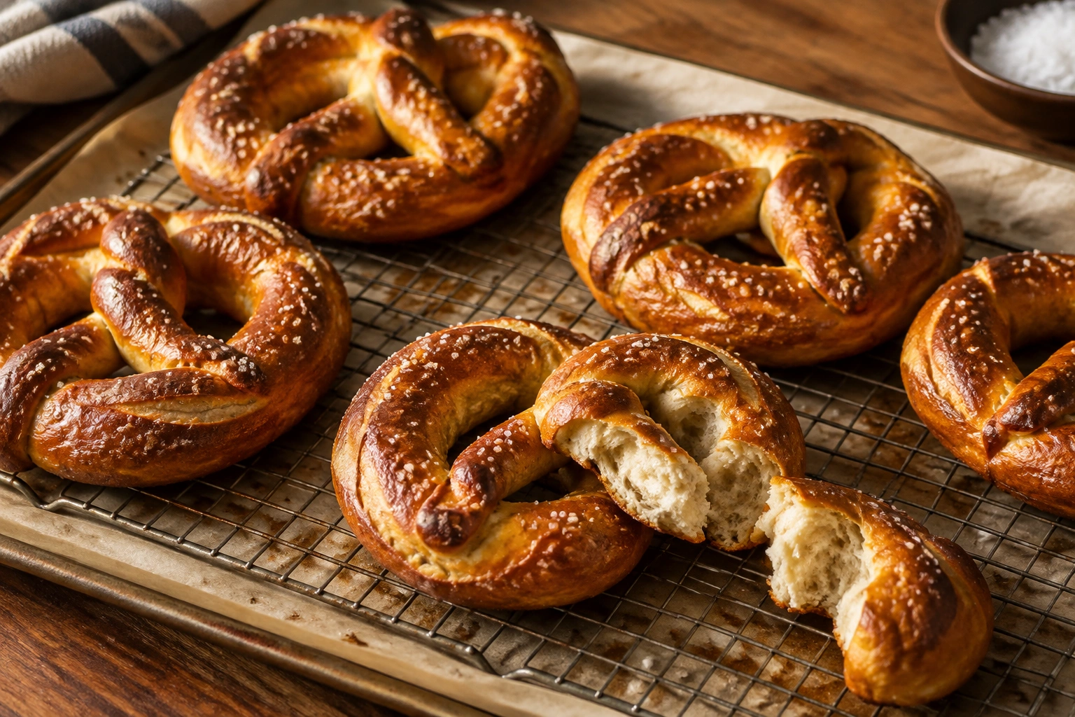 A tray of golden-brown soft pretzels cooling on a rack
