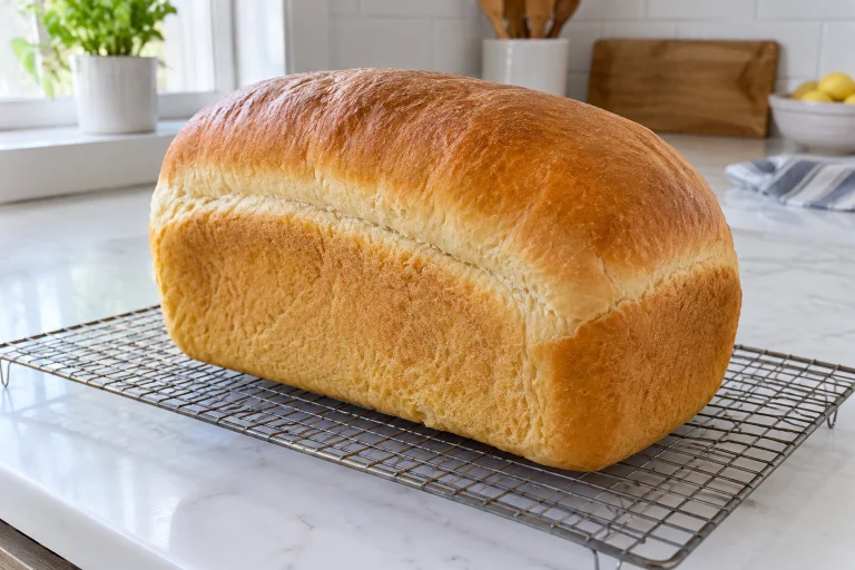 A golden homemade sandwich loaf on a wire rack