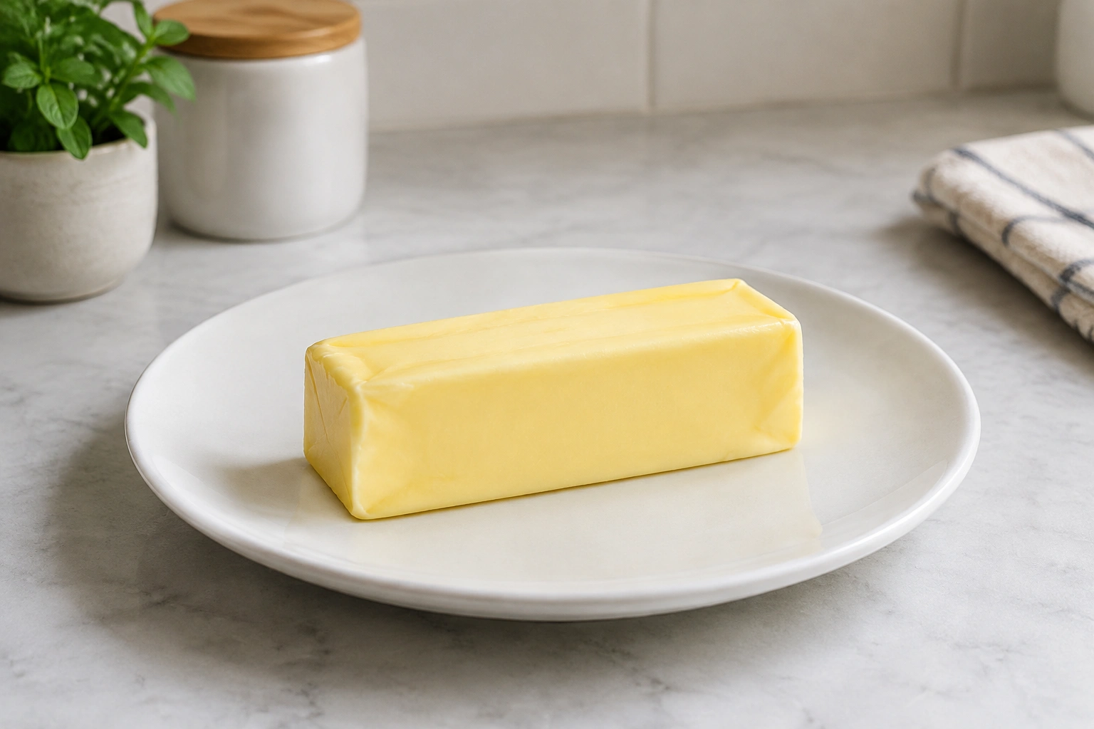 A stick of butter softened to a pliable baking texture on a plate