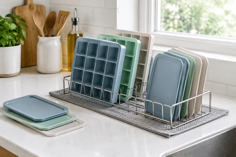 Clean silicone freezer trays and lids laid out for drying