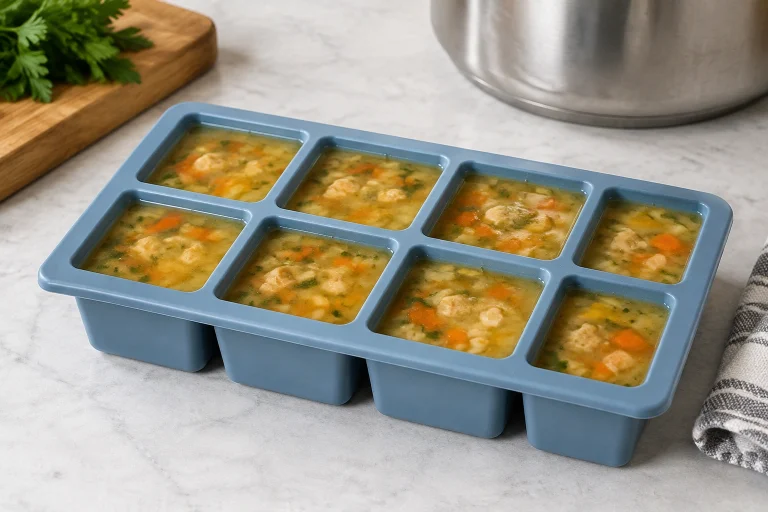 Silicone freezer tray filled with soup portions in a freezer-safe kitchen setup