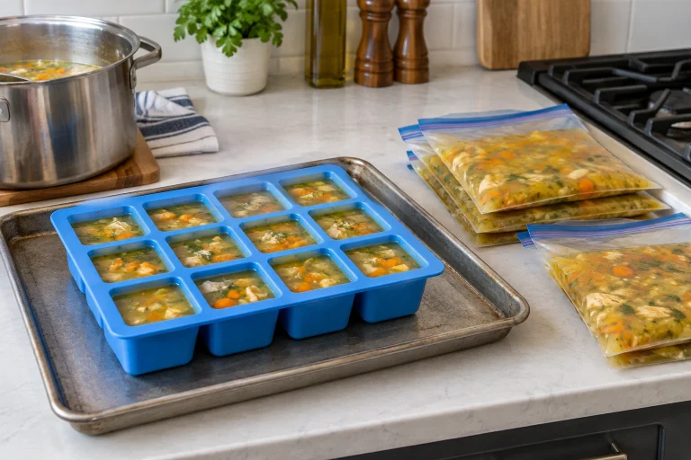 Silicone freezer tray filled with portioned soup for meal prep