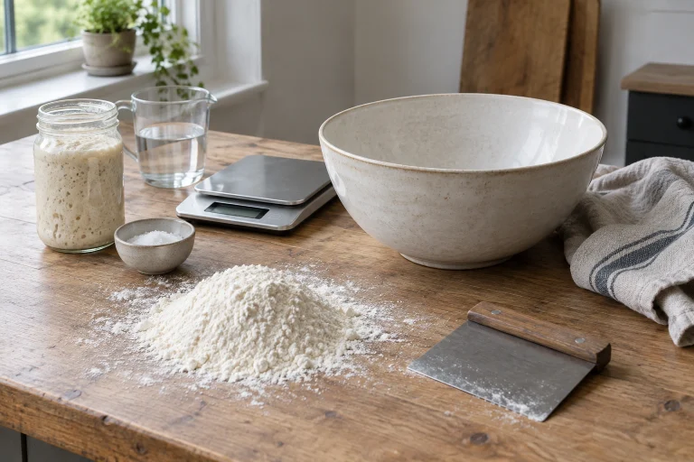Sourdough baking tools and ingredients on a clean work surface