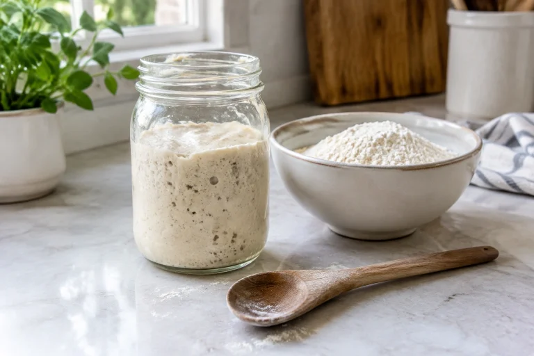 Glass jar of sourdough discard beside a bowl of flour on a wooden counter