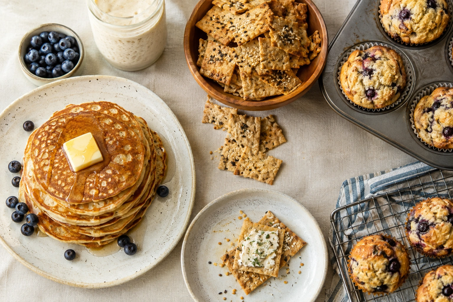 Assorted sourdough discard bakes including pancakes, crackers, and muffins on a table