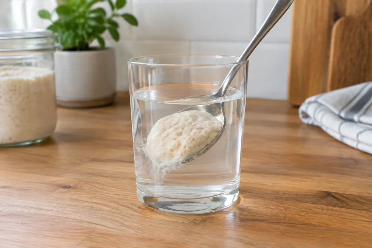 Spoonful of sourdough starter floating in room-temperature water