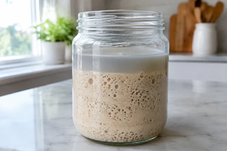 Close-up of sourdough starter with a thin gray liquid layer on top in a clean glass jar