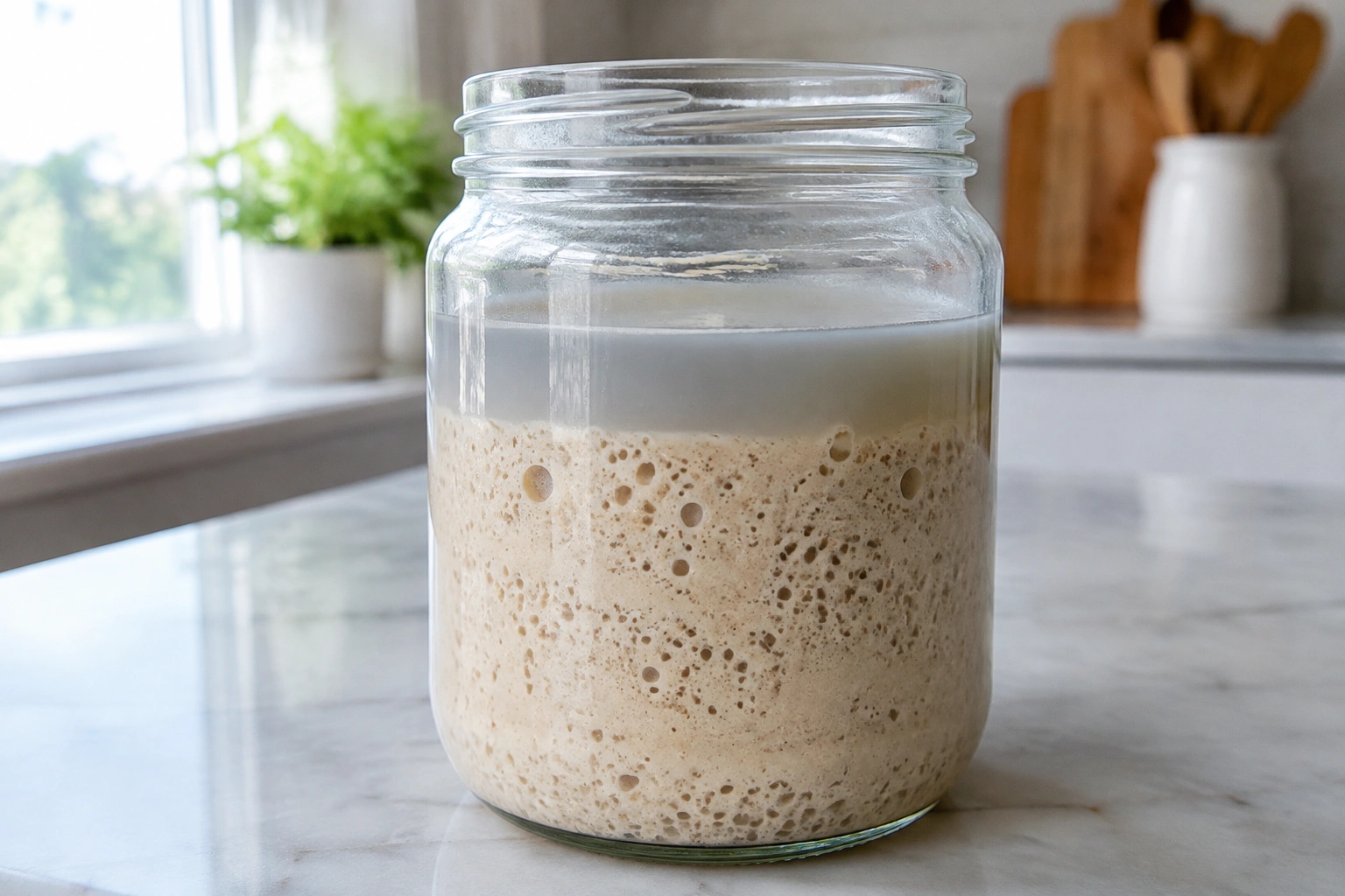 Close-up of sourdough starter with a thin gray liquid layer on top in a clean glass jar