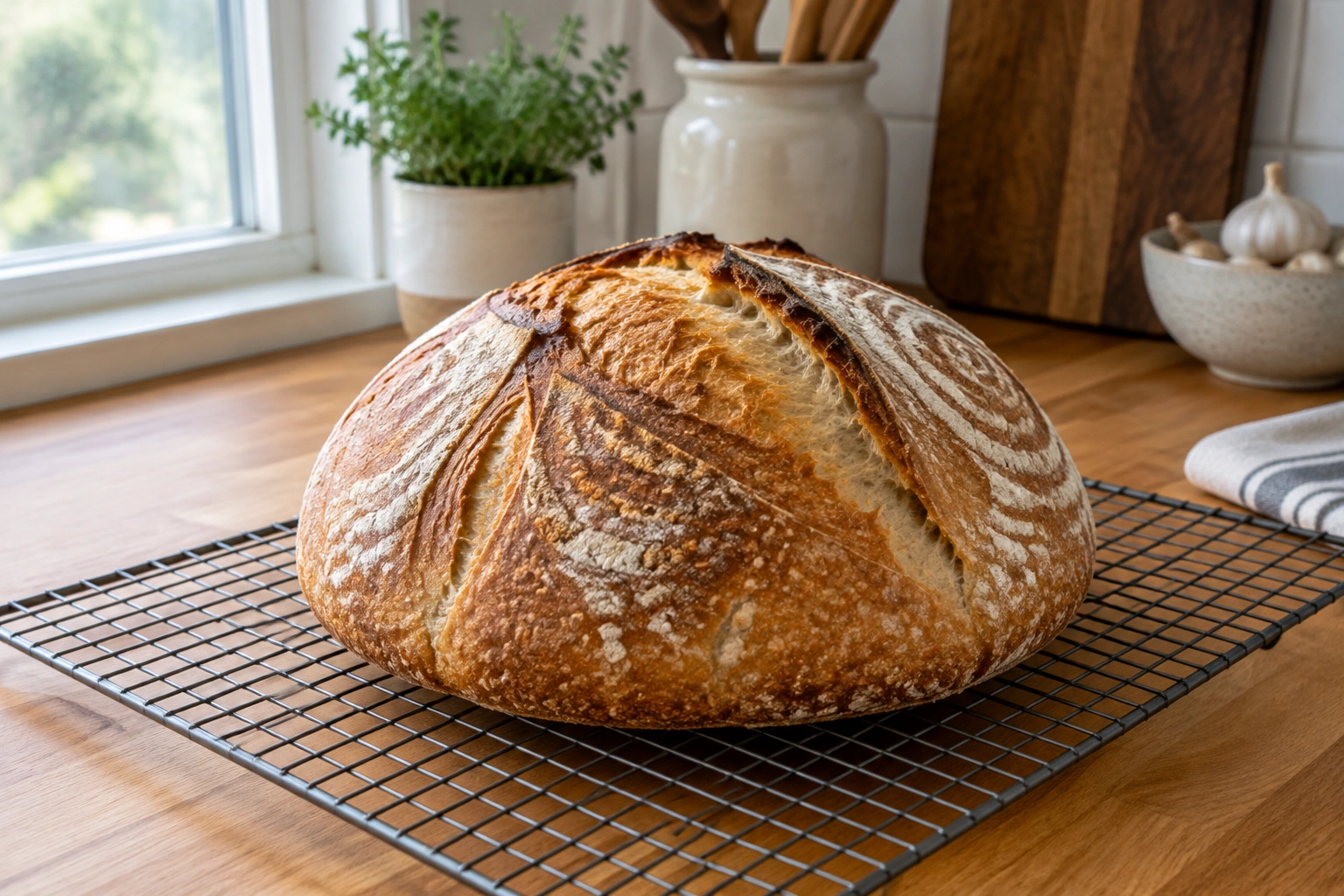 Golden sourdough loaf cooling on a wire rack