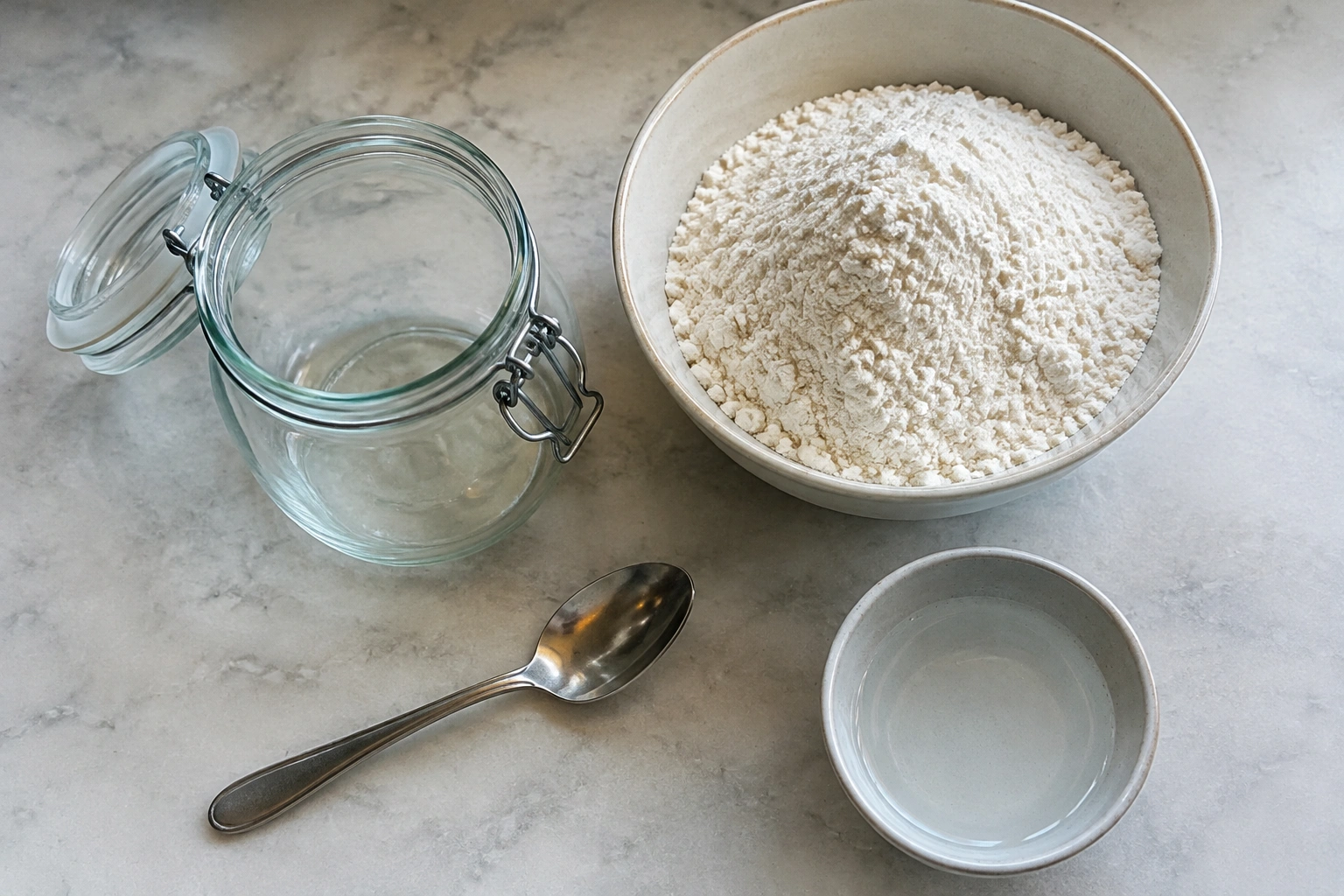 Clean jar, spoon, flour, and water arranged for sourdough starter feeding on a kitchen counter