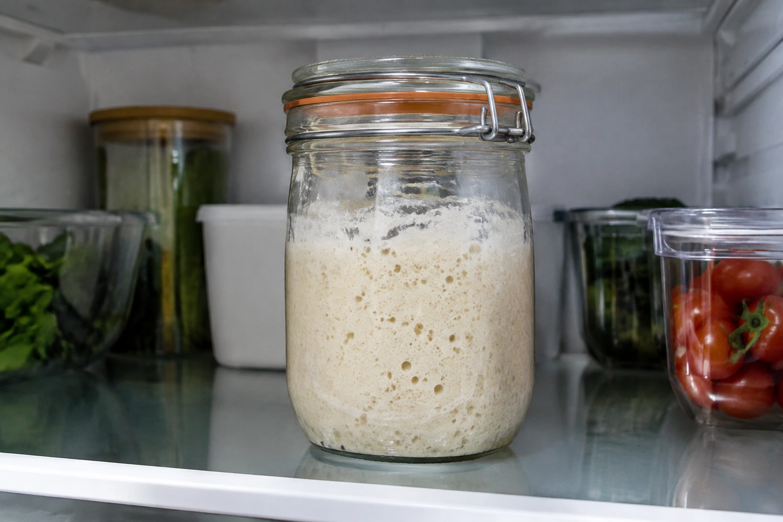 Glass jar of sourdough starter with lid stored on a refrigerator shelf