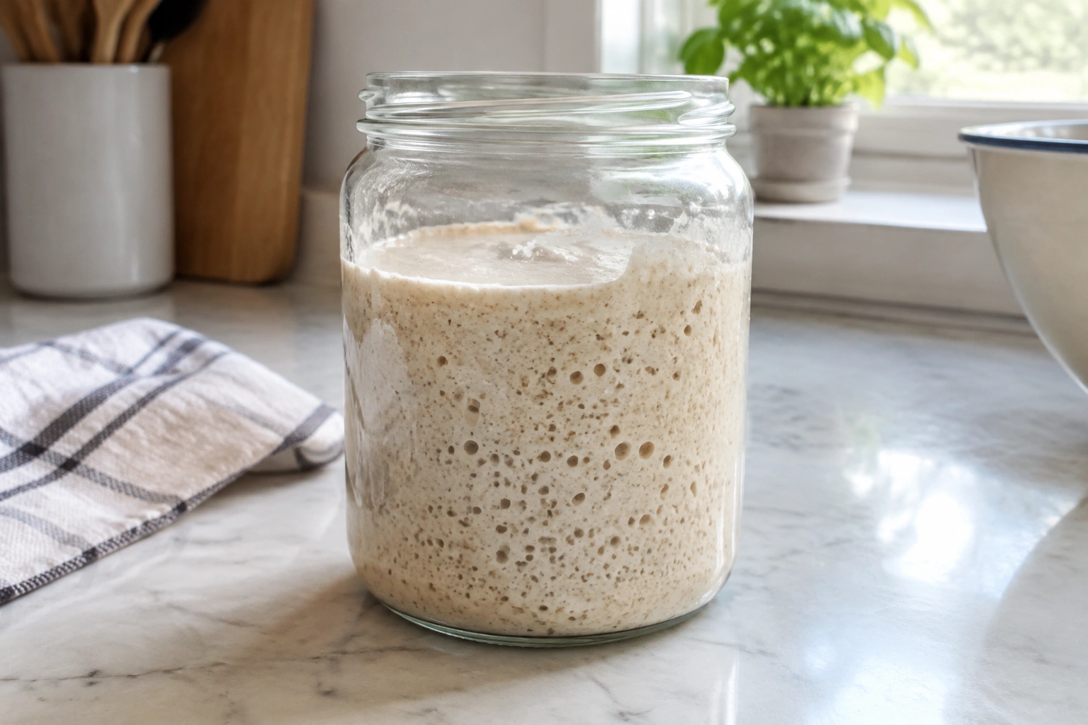 A glass jar of sourdough starter on a kitchen counter