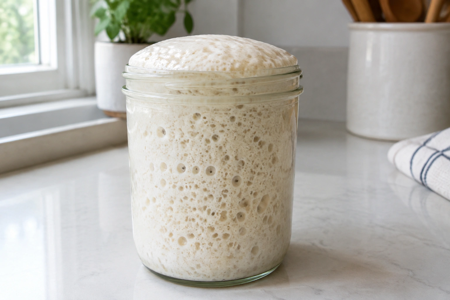 Glass jar of bubbly sourdough starter at peak rise