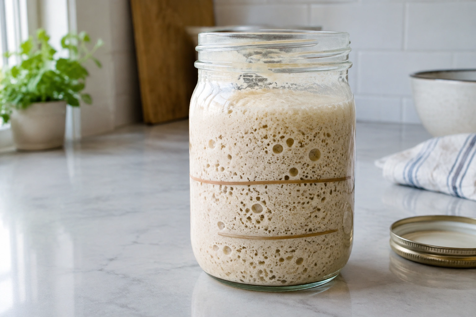 Active sourdough starter in a glass jar with bubbles after feeding