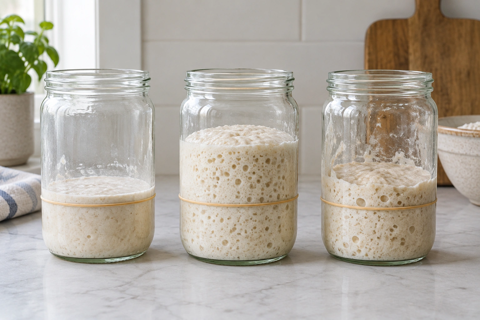 Three jars showing sourdough starter stages: not ready, ready, and past peak