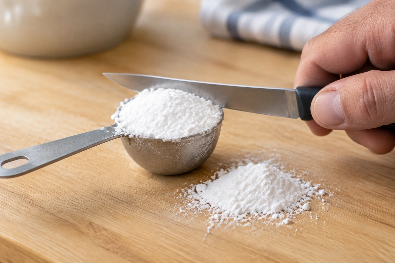 Measuring spoon filled with baking powder being leveled flat with a straight-edged knife
