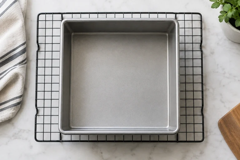 Square cake pan on a cooling rack