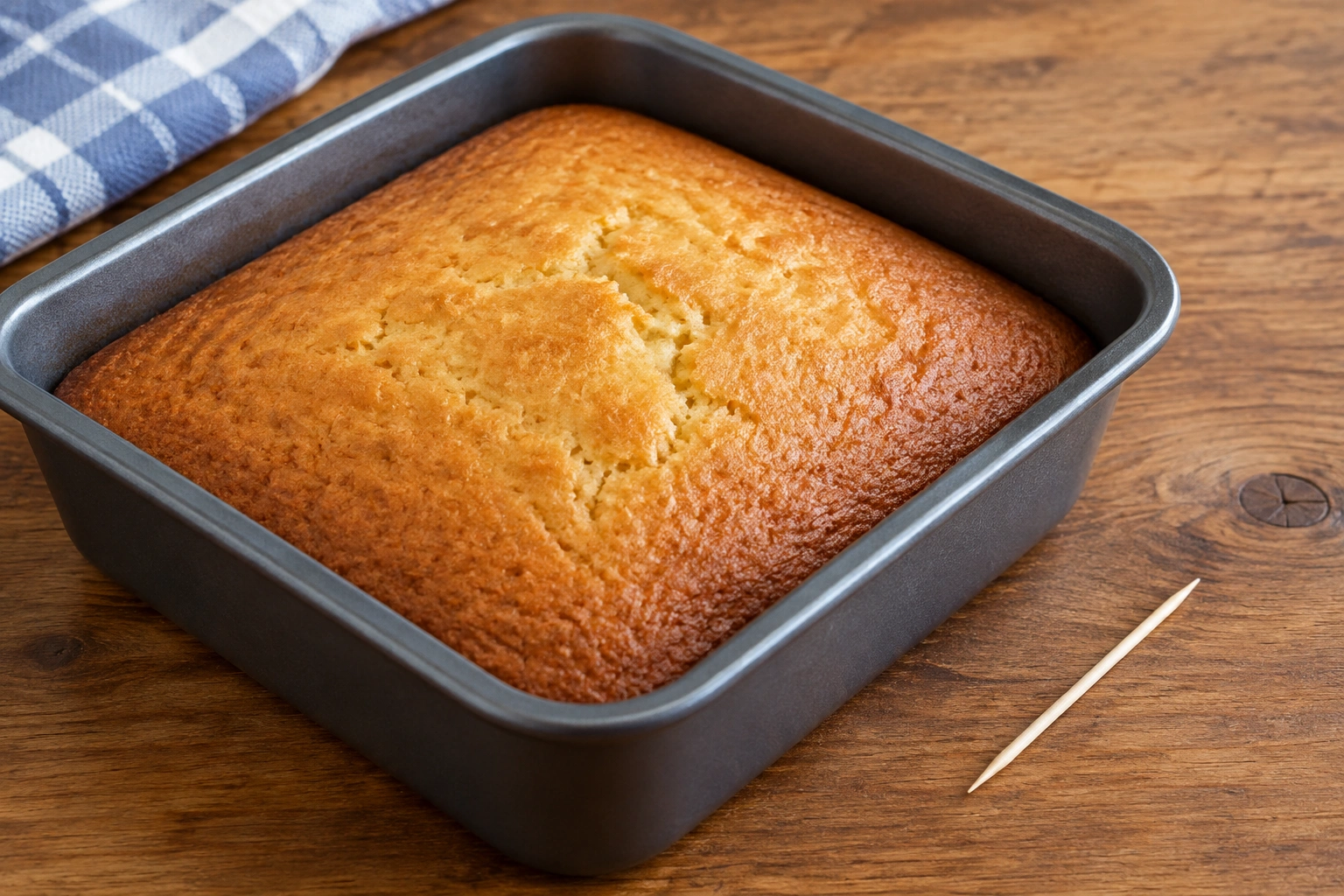 Square cake pan with baked cake and toothpick test