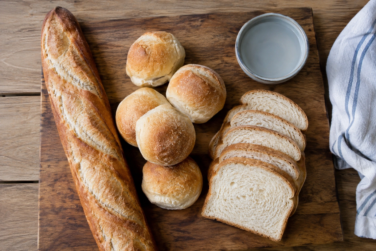 Assorted bread types including baguette, rolls, and sliced bread on a wooden board