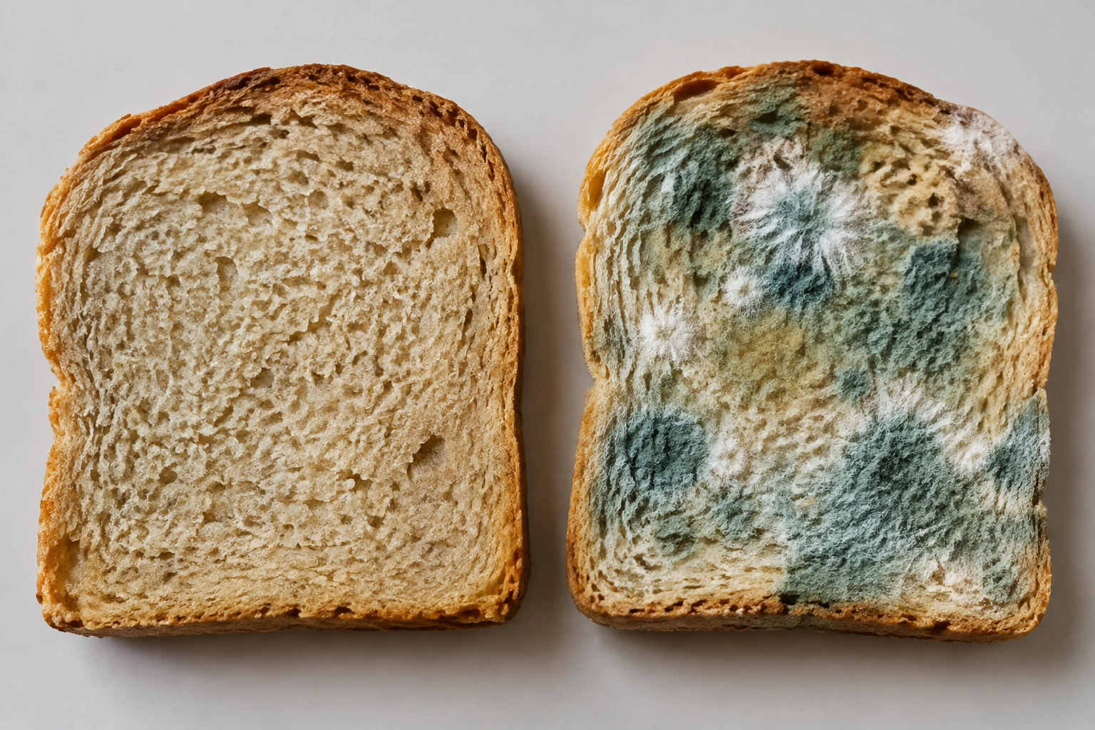 Close-up of bread slices showing dry stale texture and visible mold spot comparison