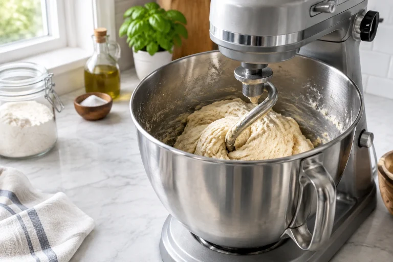 Stand mixer with dough hook kneading bread dough in a bowl