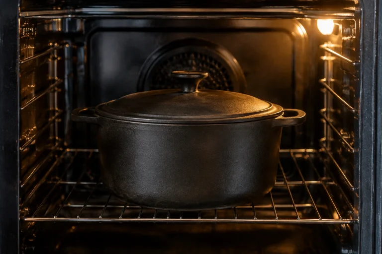 Closed Dutch oven on a baking surface in a home oven