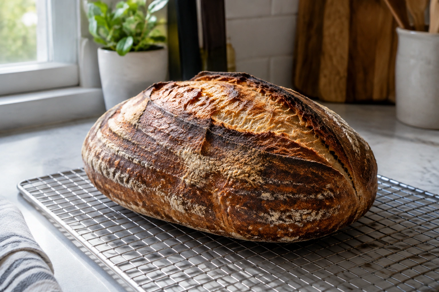 Artisan bread loaf cooling on a rack after baking in a steam oven